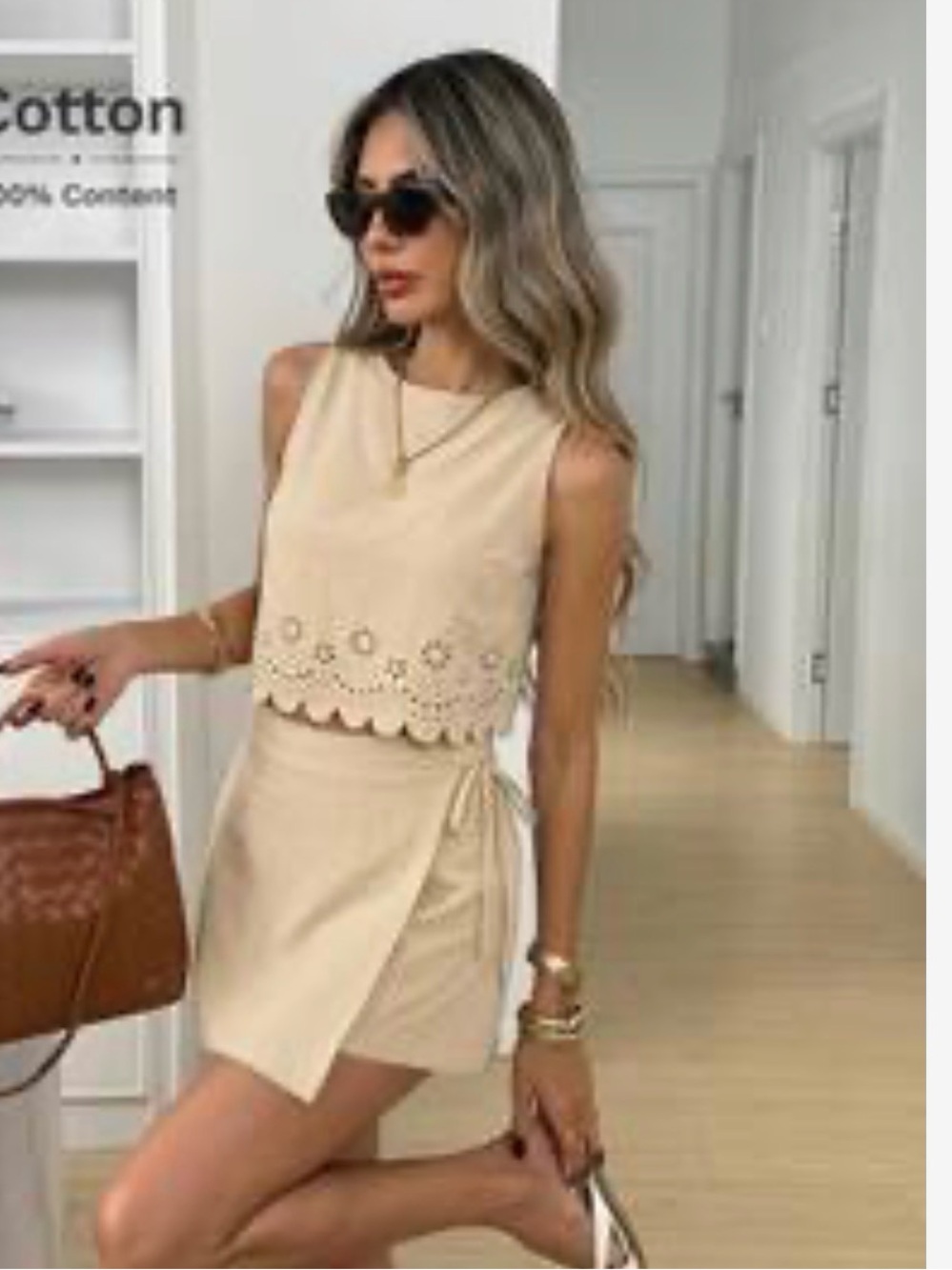 Women’s Beige Eyelet Trim Shorts and Top - Lightweight Summer Style